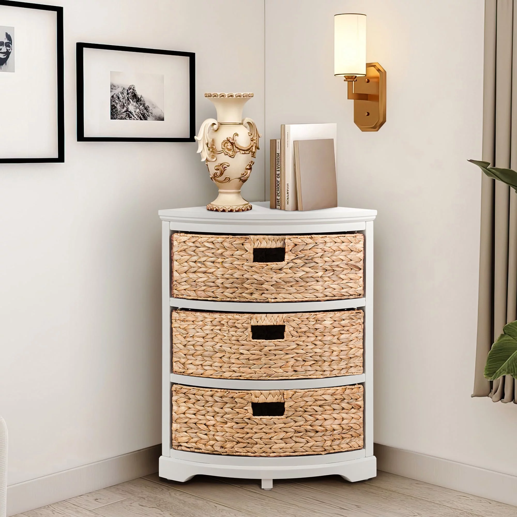 Hampton Meadows 3 Tier X-Side Corner Table Storage Cabinet with 3 Natural Water Hyacinth Wicker Baskets for Living Room, White