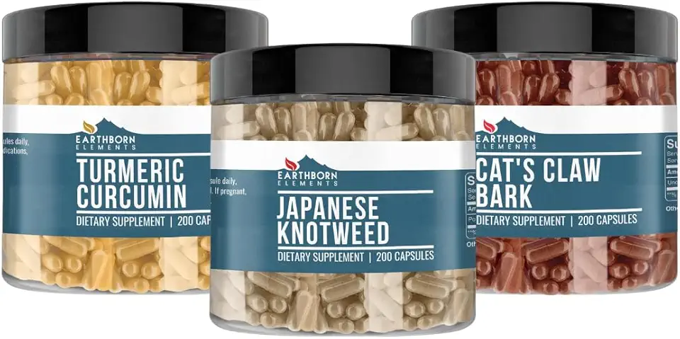 Earthborn Elements Japanese Knotweed, Cat's Claw Bark, & Turmeric Curcumin Capsule Bundle (200 Capsules Each), Pure & Undiluted, No Additives