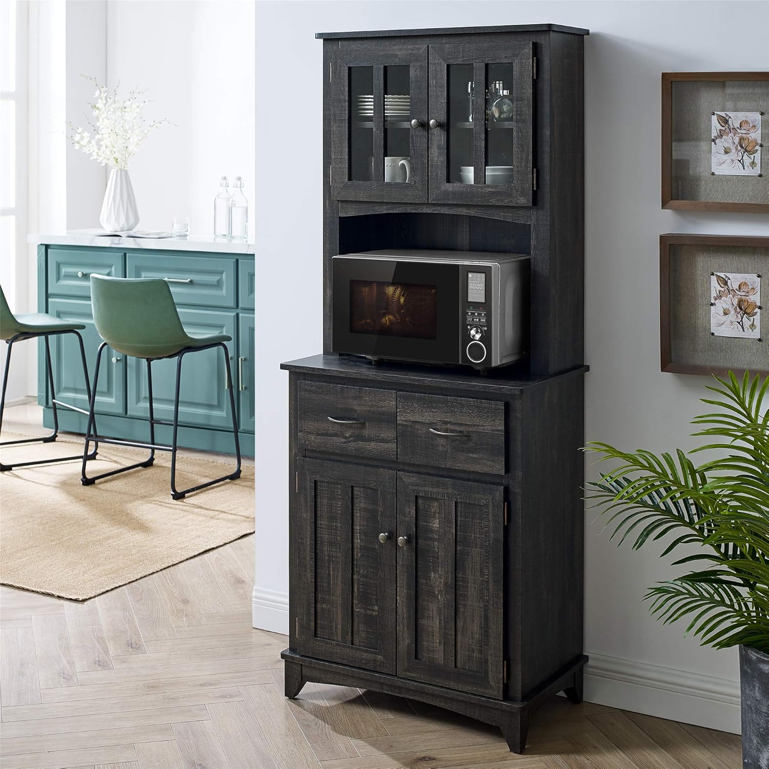 Home Source Gray Microwave Stand with Top and Bottom Cabinets
