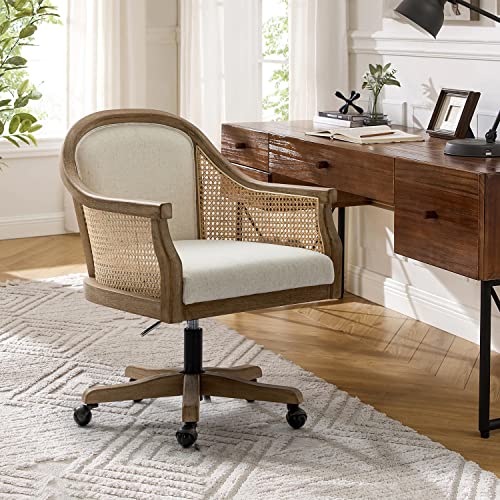 HULALA HOME Rattan Desk Chair, Upholstered Home Office Chair, Vintage Office Chair with Armrest