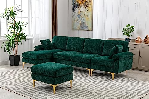 U-Shaped Sectional Sofa Couch, 114 Inches Modern Fabric Upholstered Accent Sofa with Chaise Lounge, Ottoman and 2 Pillows