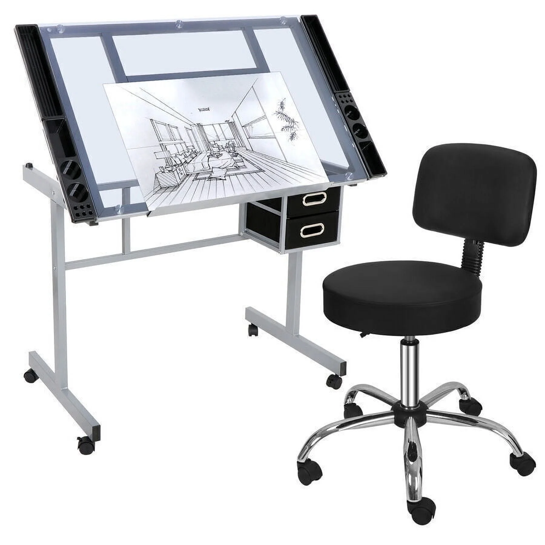 Hydraulic Salon Stool w/ Adjustable Height & Drafting Table Craft Station