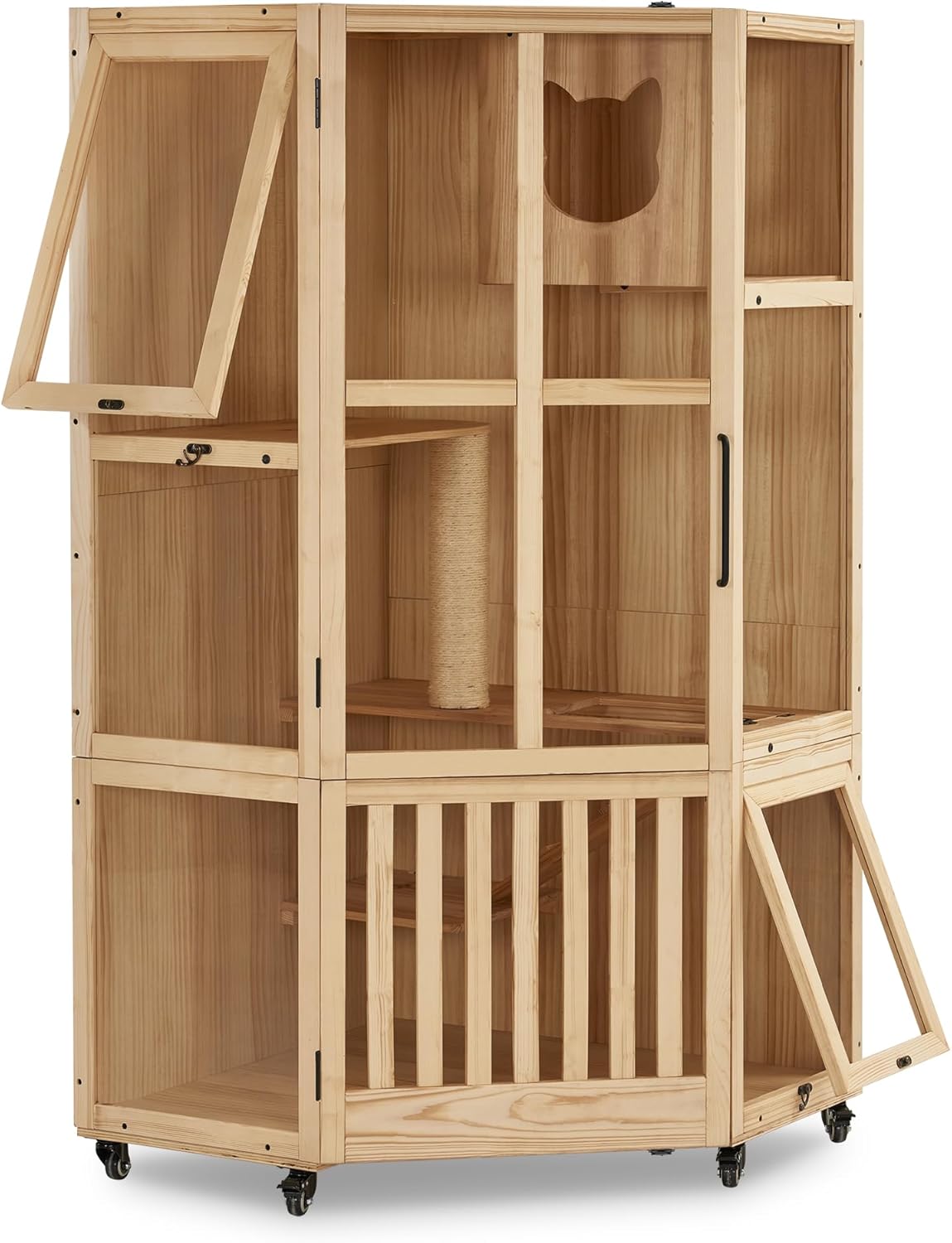 MCombo Large Corner Cat House Villa, Wooden Indoor Cat Enclosure with Scratching Post, Multi-Feature Enclosed Cat Cages with Escape Doors