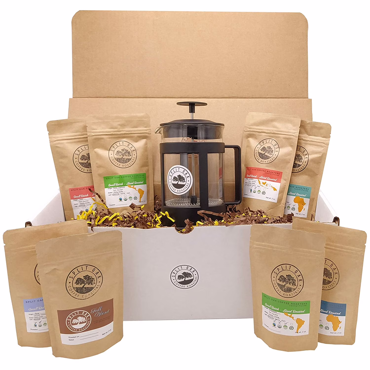 Best Coffee Gift Box Set 8 assorted coffees +1 French Press Glass Coffee Maker. Sumatra Timor Uganda Ethiopia Colombia Guatemala. All Amazing Coffee