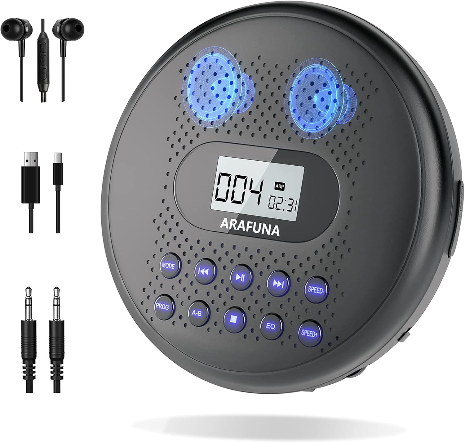 CD Player Portable, ARAFUNA Portable CD Player with Dual Stereo Speakers, Rechargeable CD Player for Car with Anti-Skip Protection