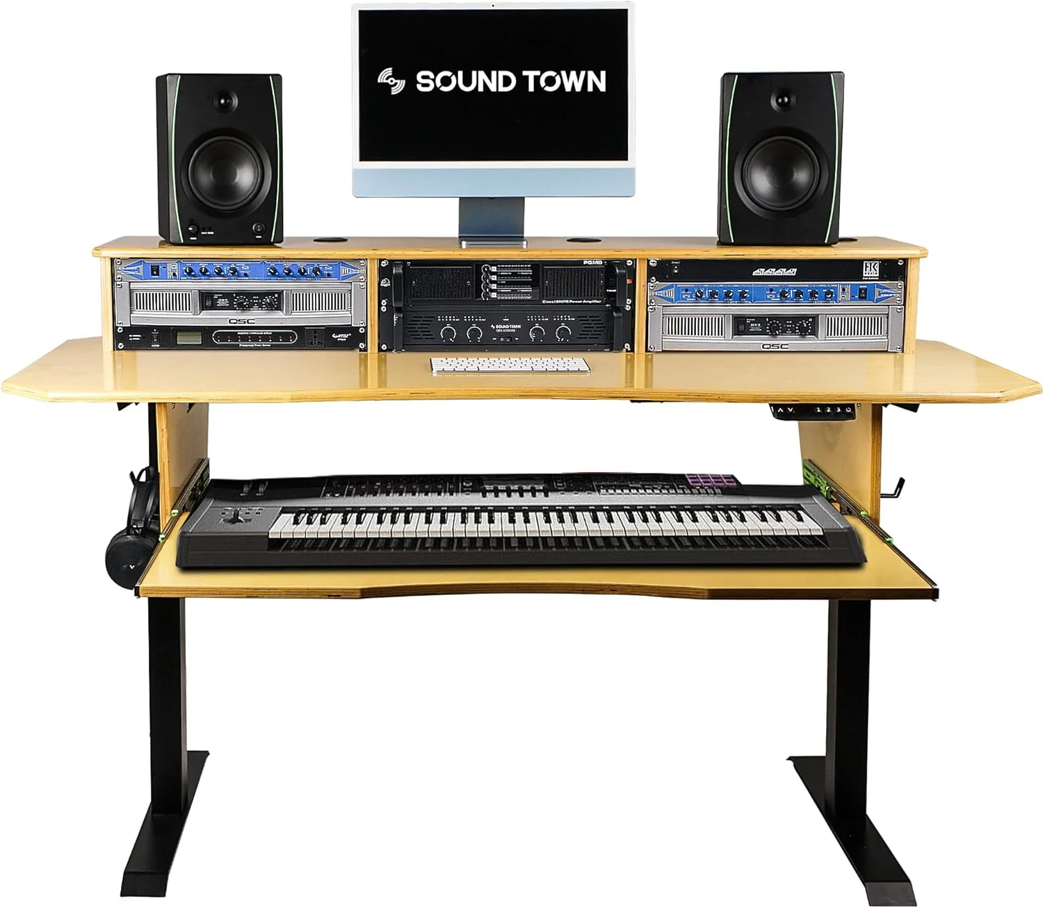 Sound Town DIY Music Studio Desk Workstation Furniture, Electric Height Adjustable, 3x4U Rack Space & Top Shelf, Sliding Piano Keyboard Tray