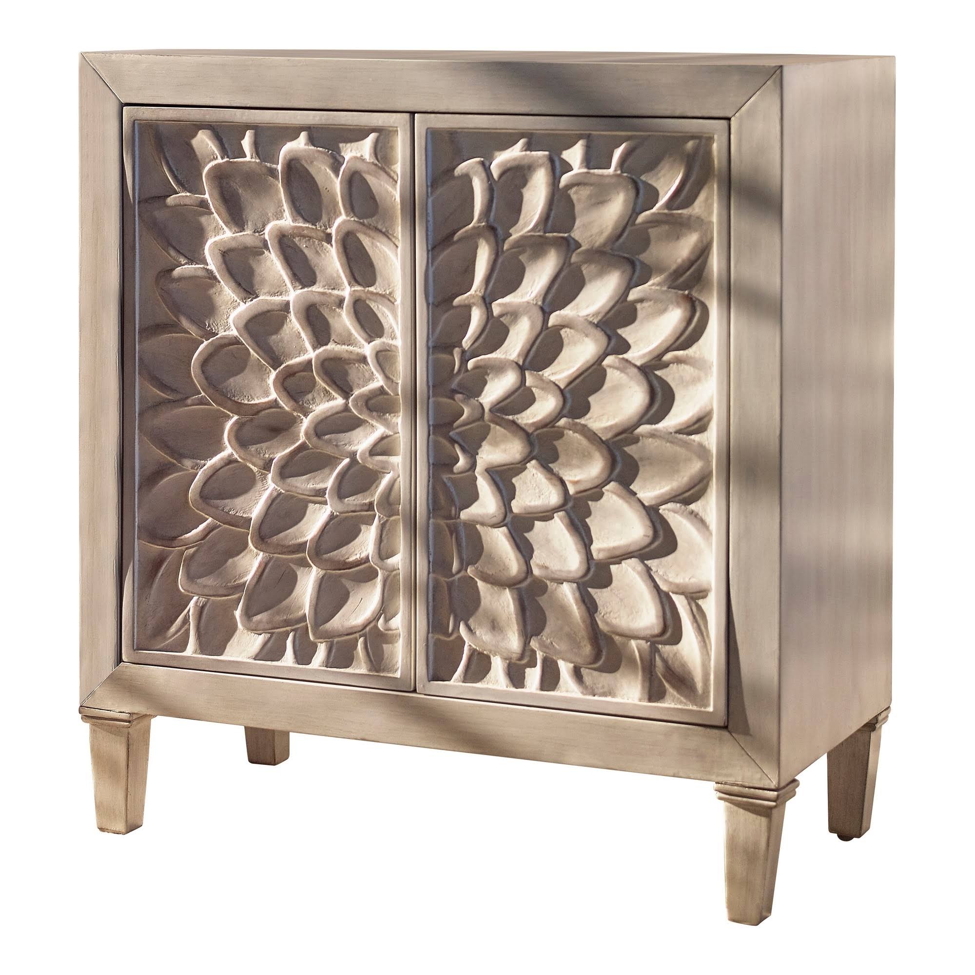 2 Door Wooden Accent Cabinet with Floral Carving, Distressed Brown