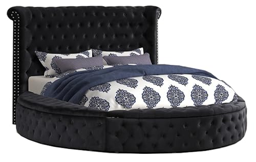 First of a Kind Circle Velvet tufted upholstered platform storage bed, Circle Bed with Button Tufting and Storage Compartments in Rails and Footboard