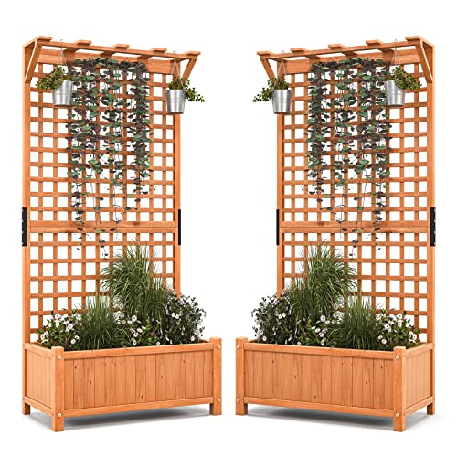 Giantex 2 Pcs Raised Garden Bed with Trellis & Roof, 72.5" Wooden Garden Bed, High Trellis for Plant Flower Climbing Pot Hanging
