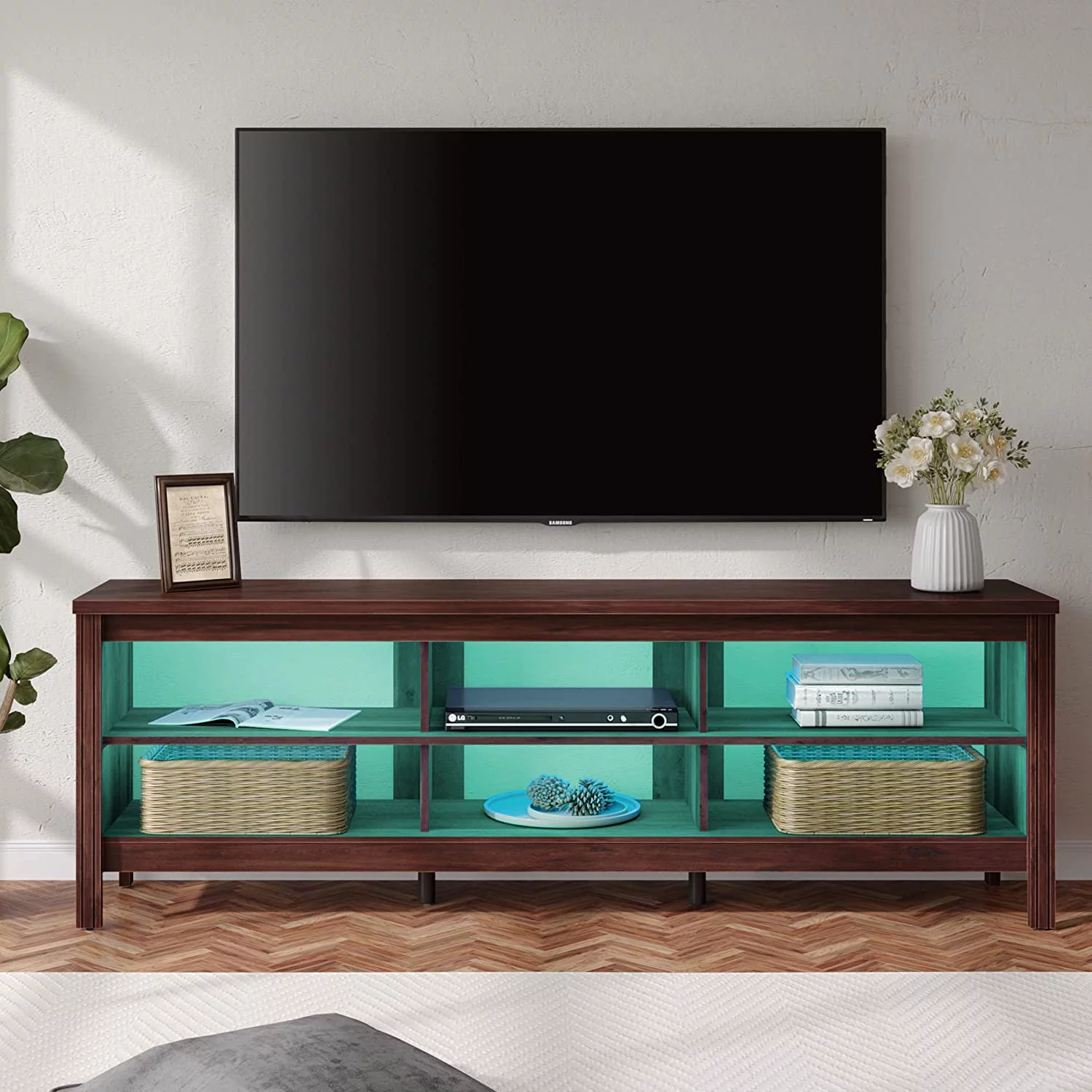 TV Stand for TVs up to 75 Inches  16 Color LED Entertainment Center for 80 inch TV Console Table with 6 Cubby  for Living Room Bedroom  70'39
