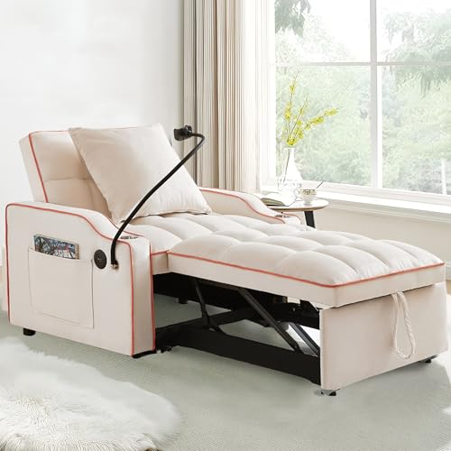 3 in 1 Sleeper Sofa Couch Bed, Velvet Convertible Single Sleeper Sofa with 3 Level Adjustable Backrest, Storage Pockets, Toss Pillows