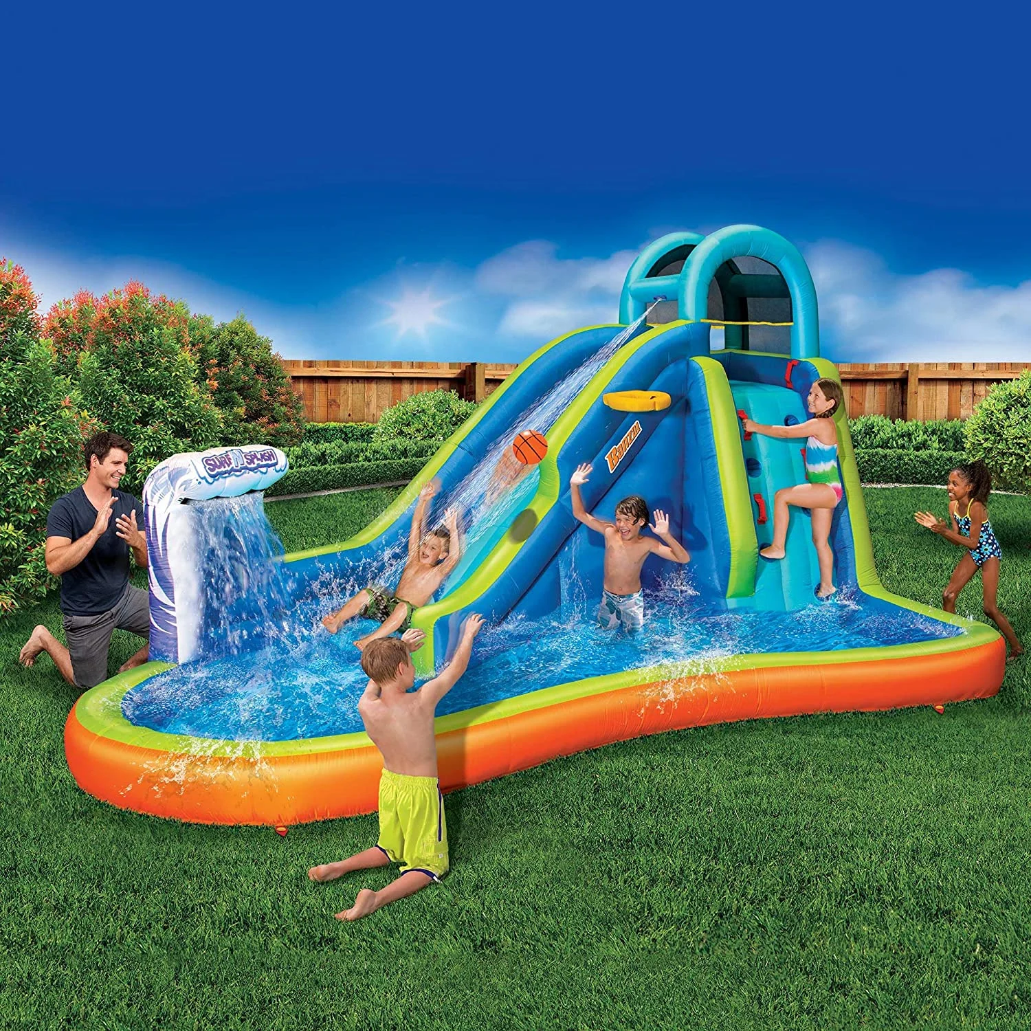 Inflatable Giant Water Slide - Huge Kids Pool (14 Feet Long by 8 Feet High) with Built in Sprinkler Wave and Basketball Hoop