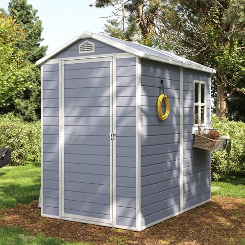 Aoxun 6 x 8 FT Outdoor Storage Shed with Window, Resin Shed with Floor & Lockable Doors
