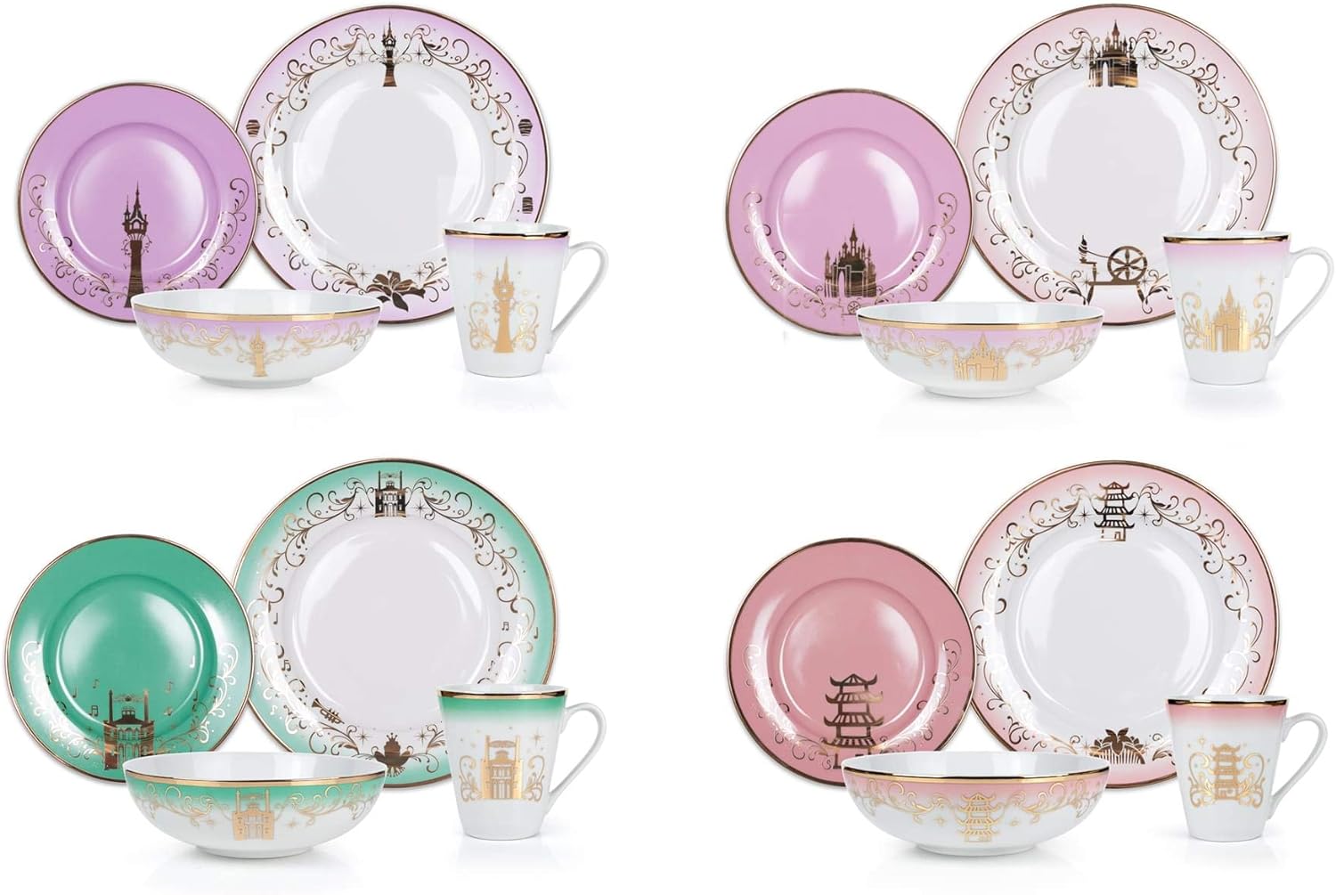 Disney Themed Dinnerware Set - 16 Ceramic Dishes, 4 Place Settings | Collection 2 | Featuring Princesses Tiana, Rapunzel, Aurora