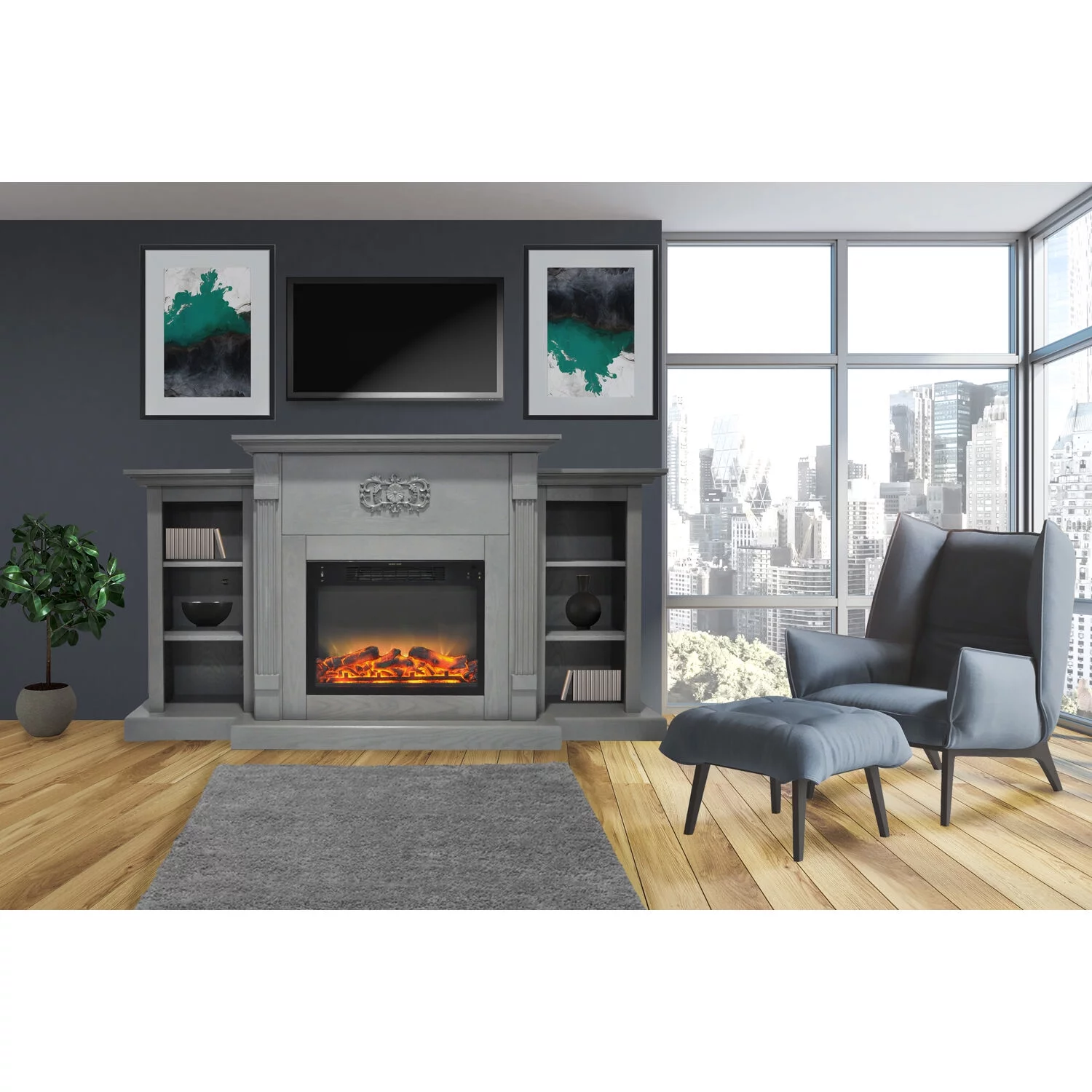 Cambridge Sanoma Electric Fireplace Heater with 72" Bookshelf Mantel plus Enhanced Log and Grate Display - Curated Treasures Market