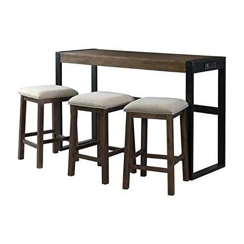 Contemporary Multipurpose Home Bar Living Room Sofa Bar Table Set With 3 Upholstered Stools In Walnut And Taupe Fabric