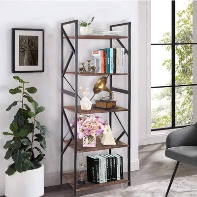 Bookshelf, 5-Tier Wood Bookcase with Metal Frames 17 Stories