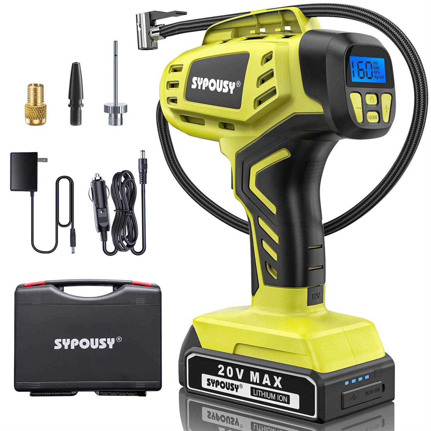 sypousy Tire Inflator Portable Air Compressor Cordless Tire Inflator Faster Tire Pump with 20V Rechargeable Battery,Dual Power Supply Modes