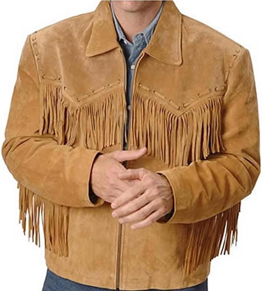 100% Genuine Leather Suede Western Jacket with Frings Cowboy Native American Jacket Coat-S Black