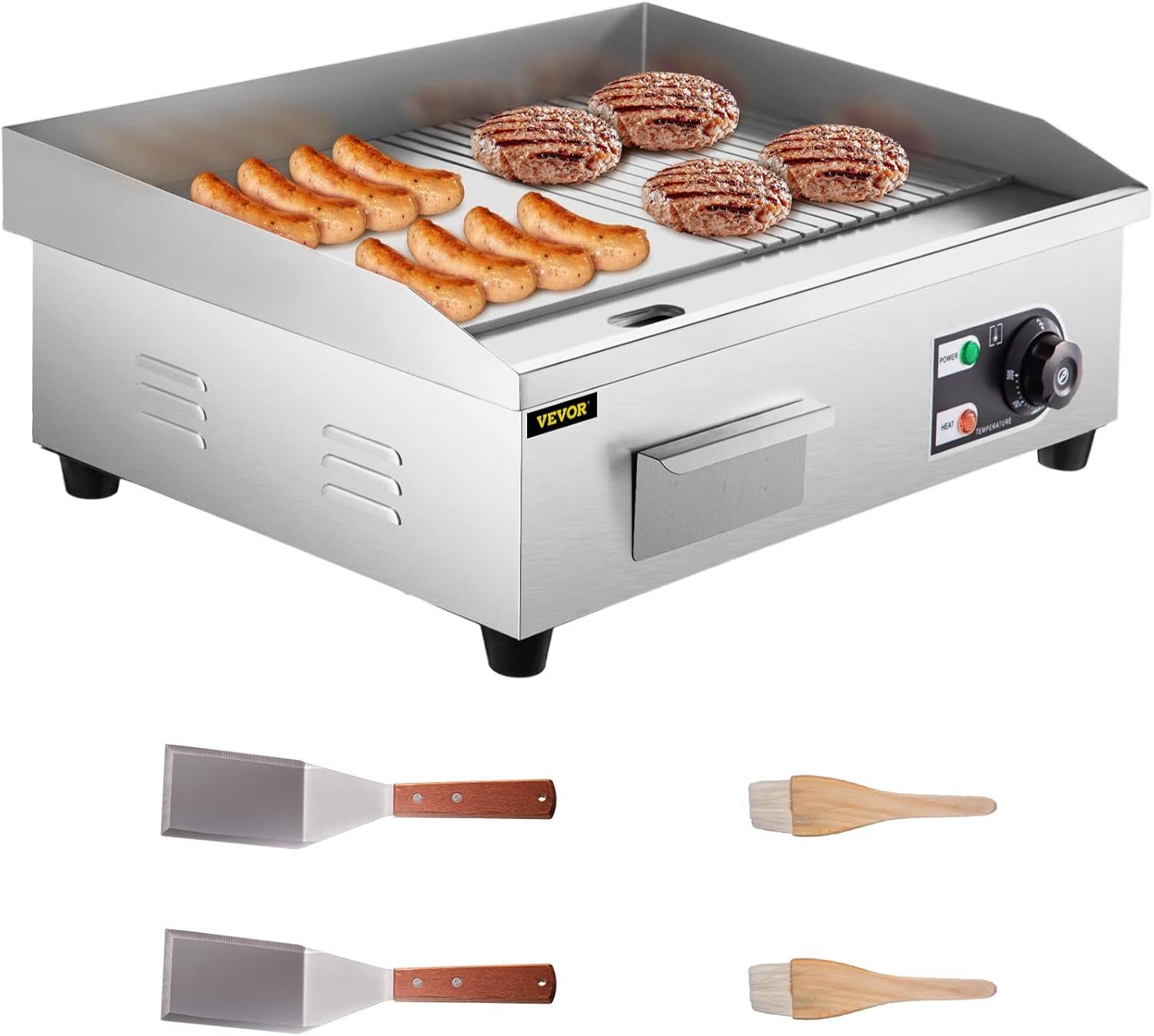 VEVOR 22" Commercial Electric Griddle, 1600W Electric Flat Top Grill, Half Grooved Teppanyaki Grill