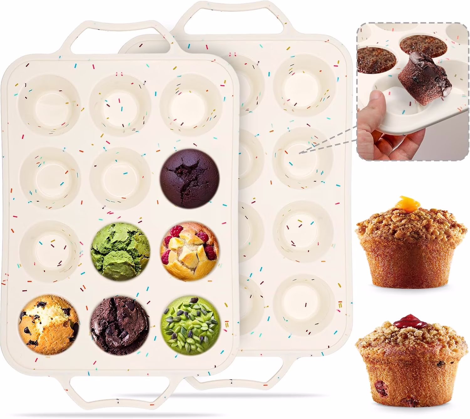 2 Pack Silicone Muffin Pans for Baking with Metal Reinforced Frame, 12 Cup Cupcake Baking Pans Nonstick for Oven