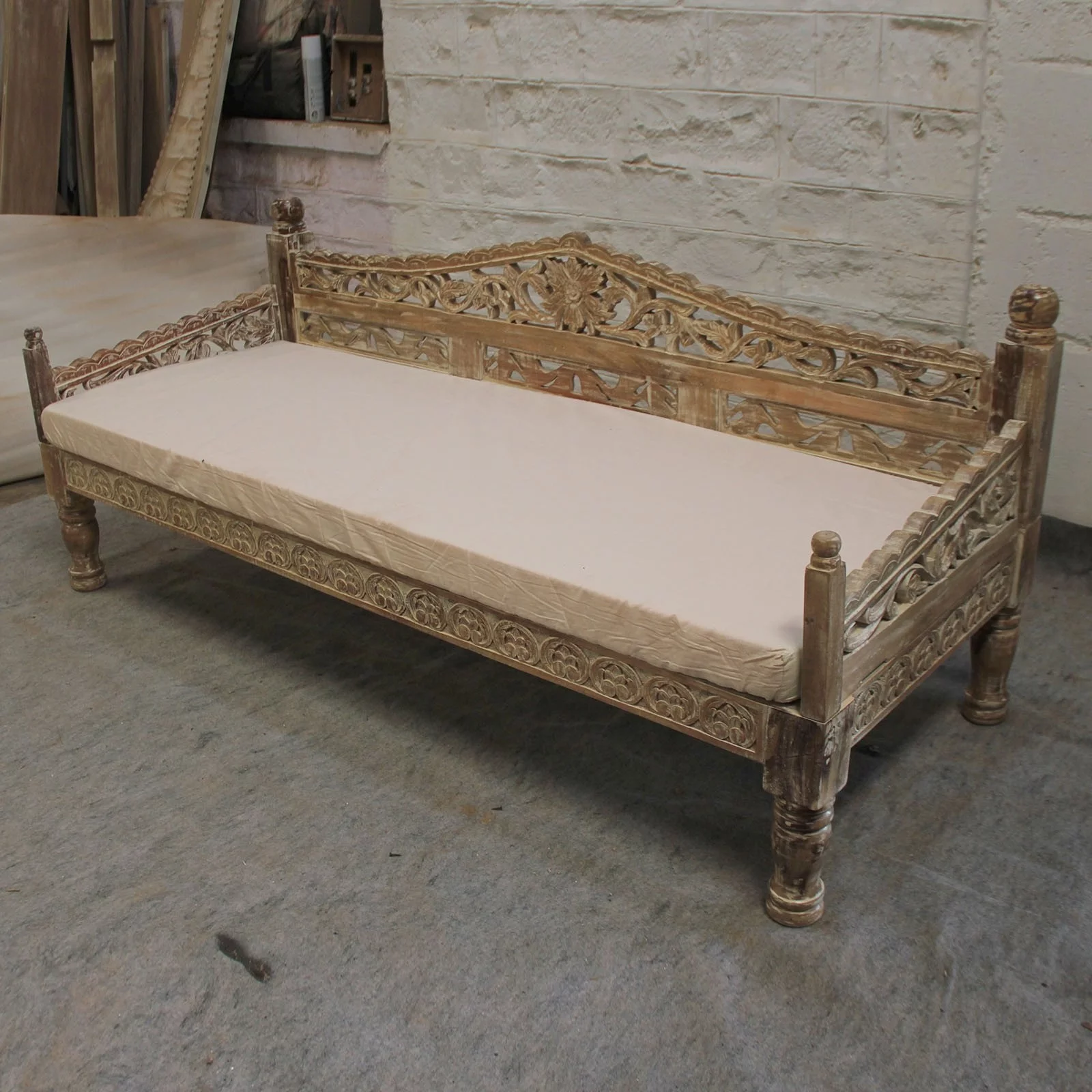 AMINA Floral Hand Carved Indian Solid Wood Sofa Daybed Limewash - Curated Treasures Market