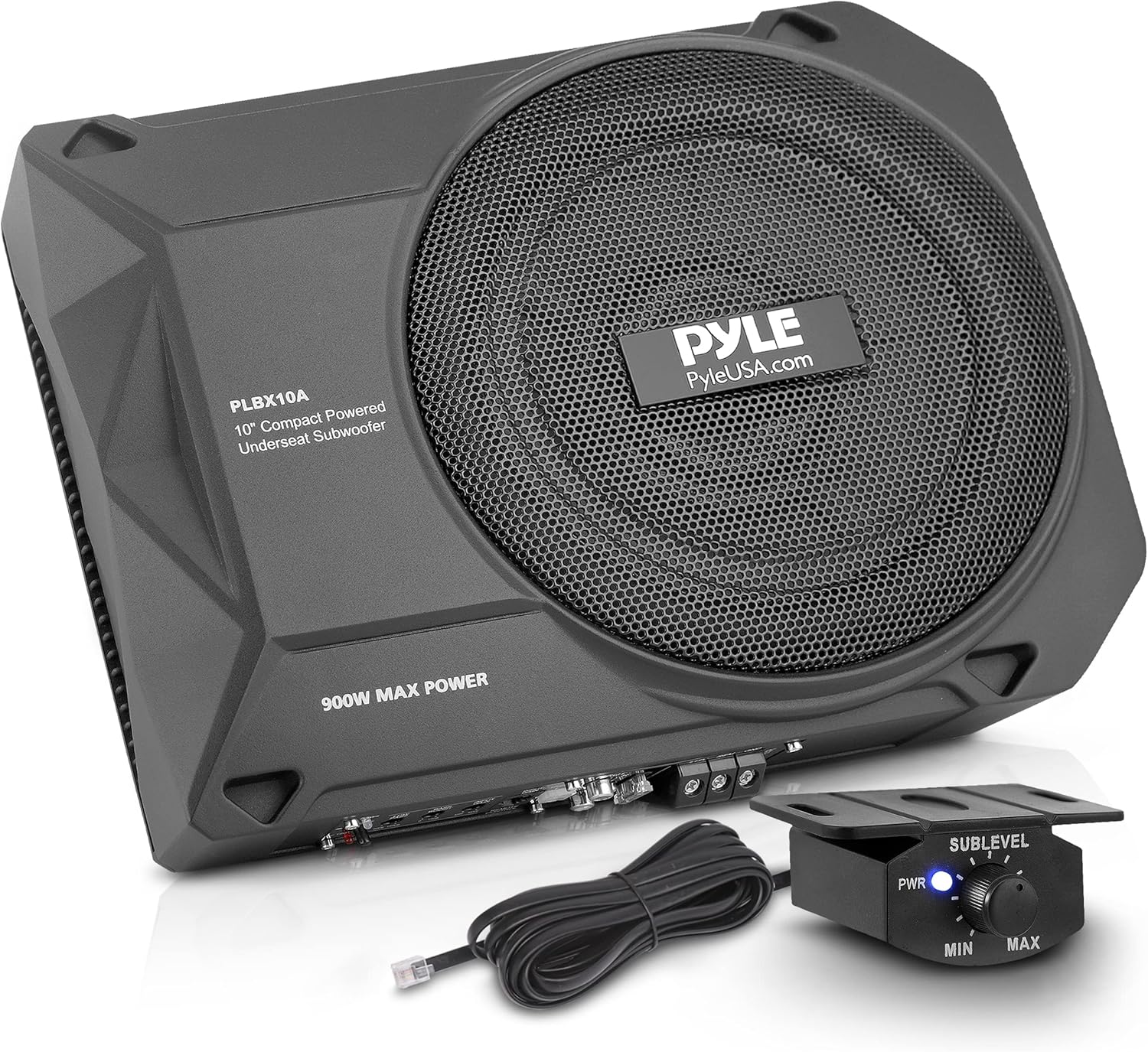 Pyle 10-Inch Low-Profile Amplified Subwoofer System - 900 Watt Compact Enclosed Active Underseat Car Audio Subwoofer with Built-in Amp