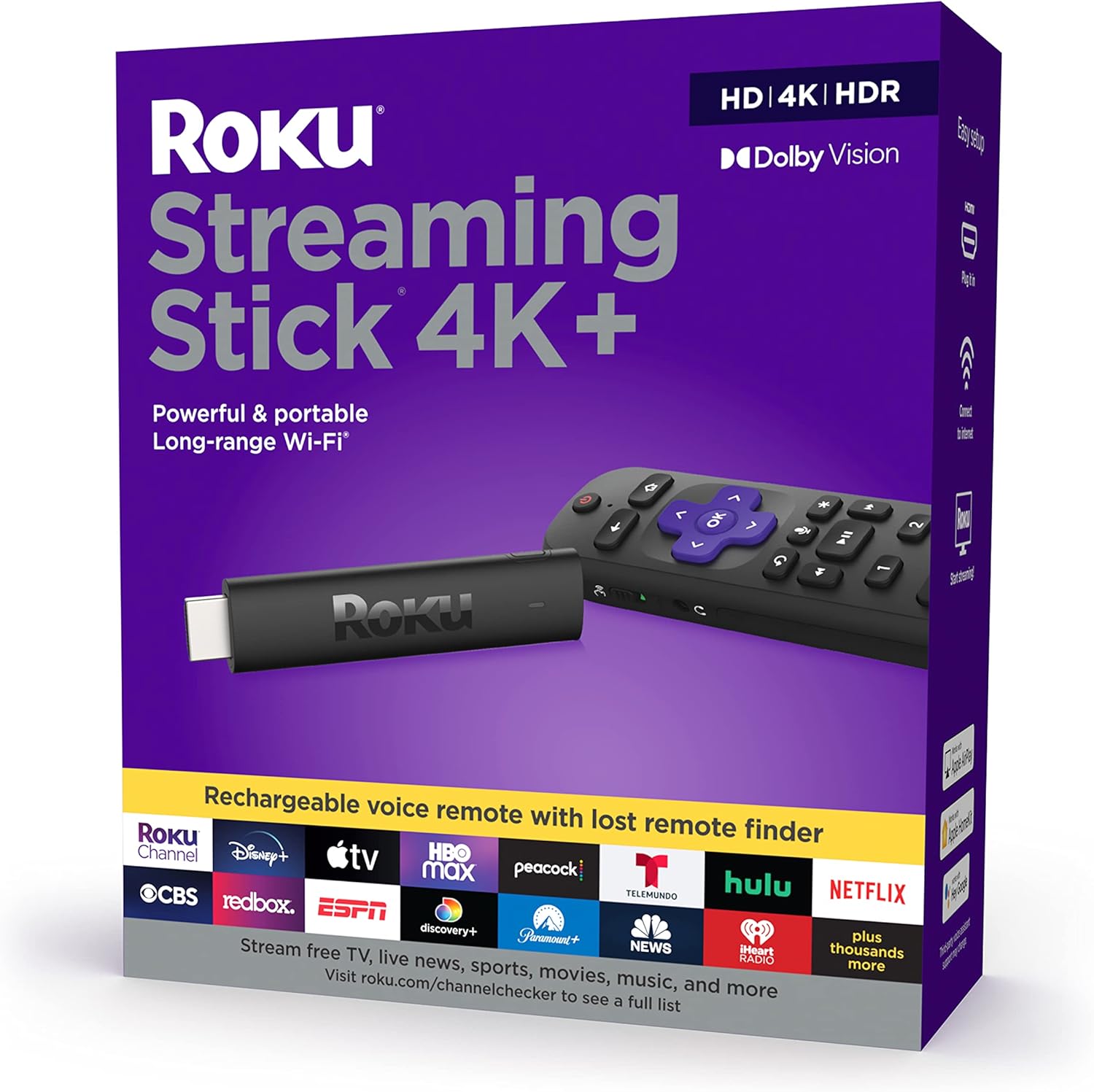 Roku Streaming Stick 4K+ (2021) Streaming Device 4K/HDR/Dolby Vision with Roku Voice Remote Pro, Black Pack of 2