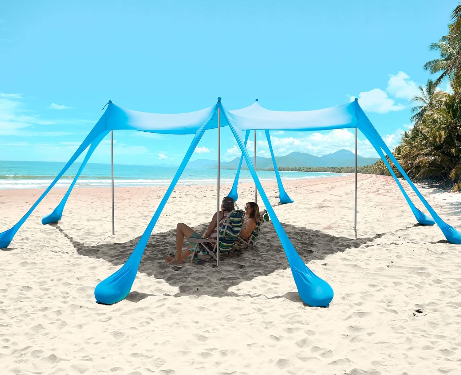 Beach Canopy with 8 Sandbags, Upgrade Beach Canopy Tent Sun Shade UPF50+, 2 Sand Shovel, Ground Pegs and Storage Bag
