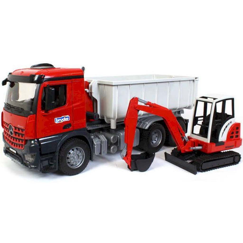 Bruder 03624 MB Arocs Truck with Roll-Off-Container W Mini Excavator