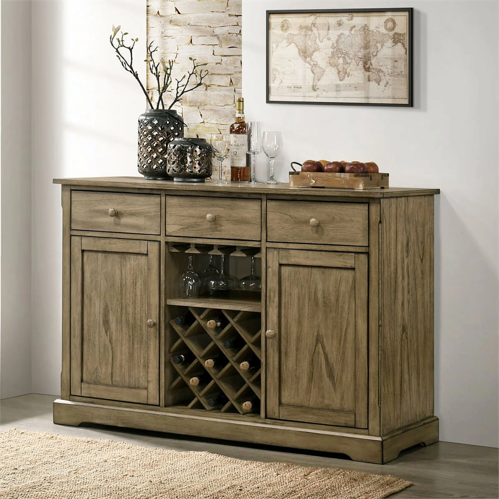 Furniture of America Birch Rustic Wood Server with Wine Rack in Light Brown