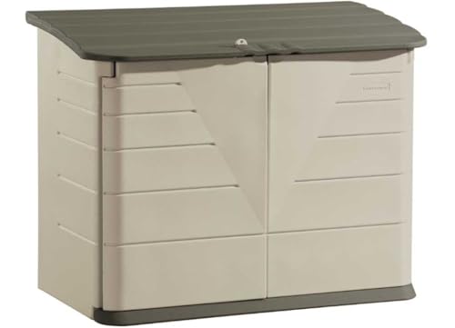 Rubbermaid Small Horizontal Resin Outdoor Storage Shed With Floor (4.5 x 3 Ft) Weather Resistant, Beige/Brown