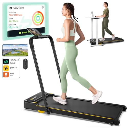 UREVO Strol 2E Smart 2-in-1 Folding Treadmill, Compact Walking Pad with Safety Handle, Plug and Play, Dual LED Display, Workout APP