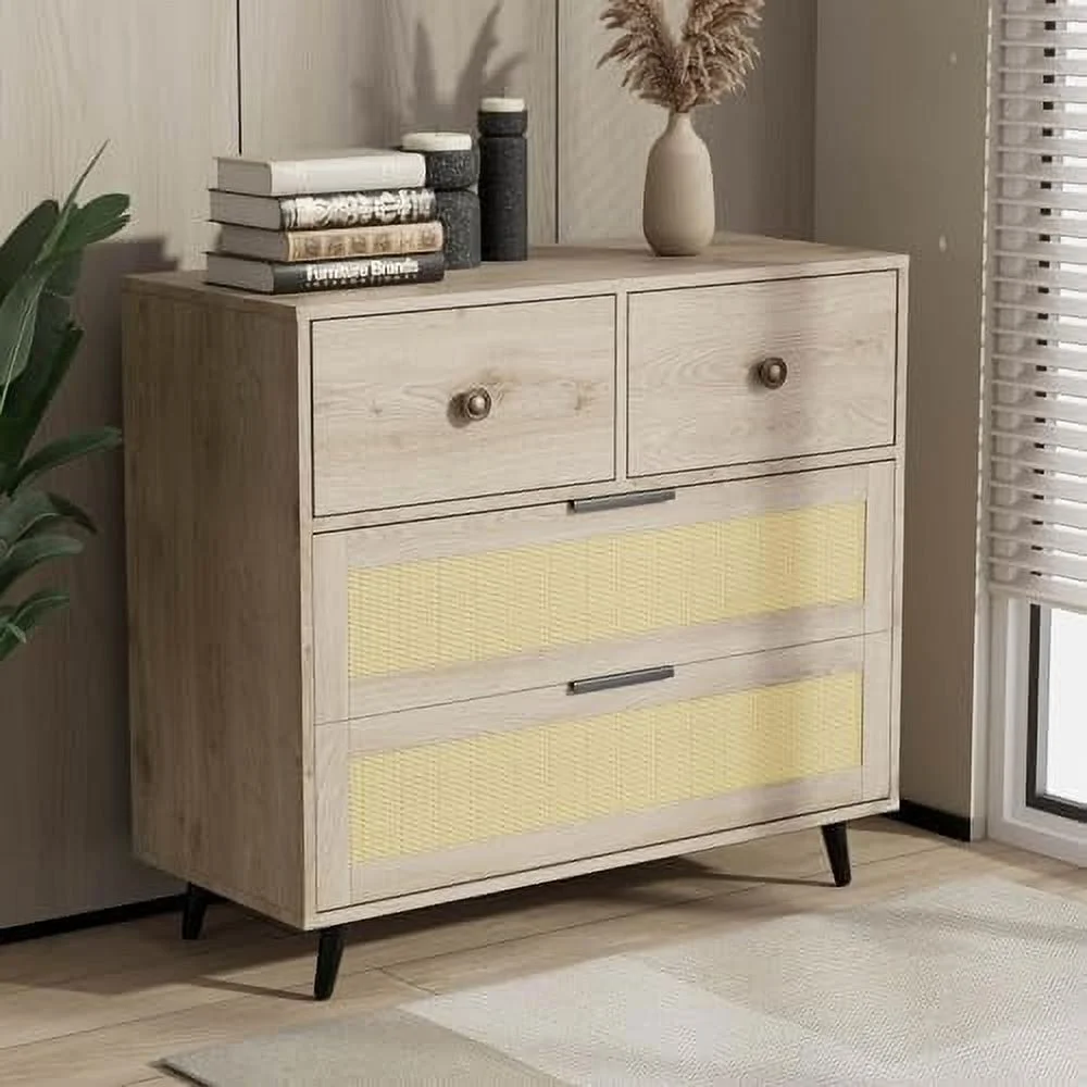 JYHOME Small 3 Drawer Dresser  Mid-Century Modern Rattan Dresser Chest with Metal Handles  Wood  Cabinet of Drawers for Bedroom  Living Room  Hallway