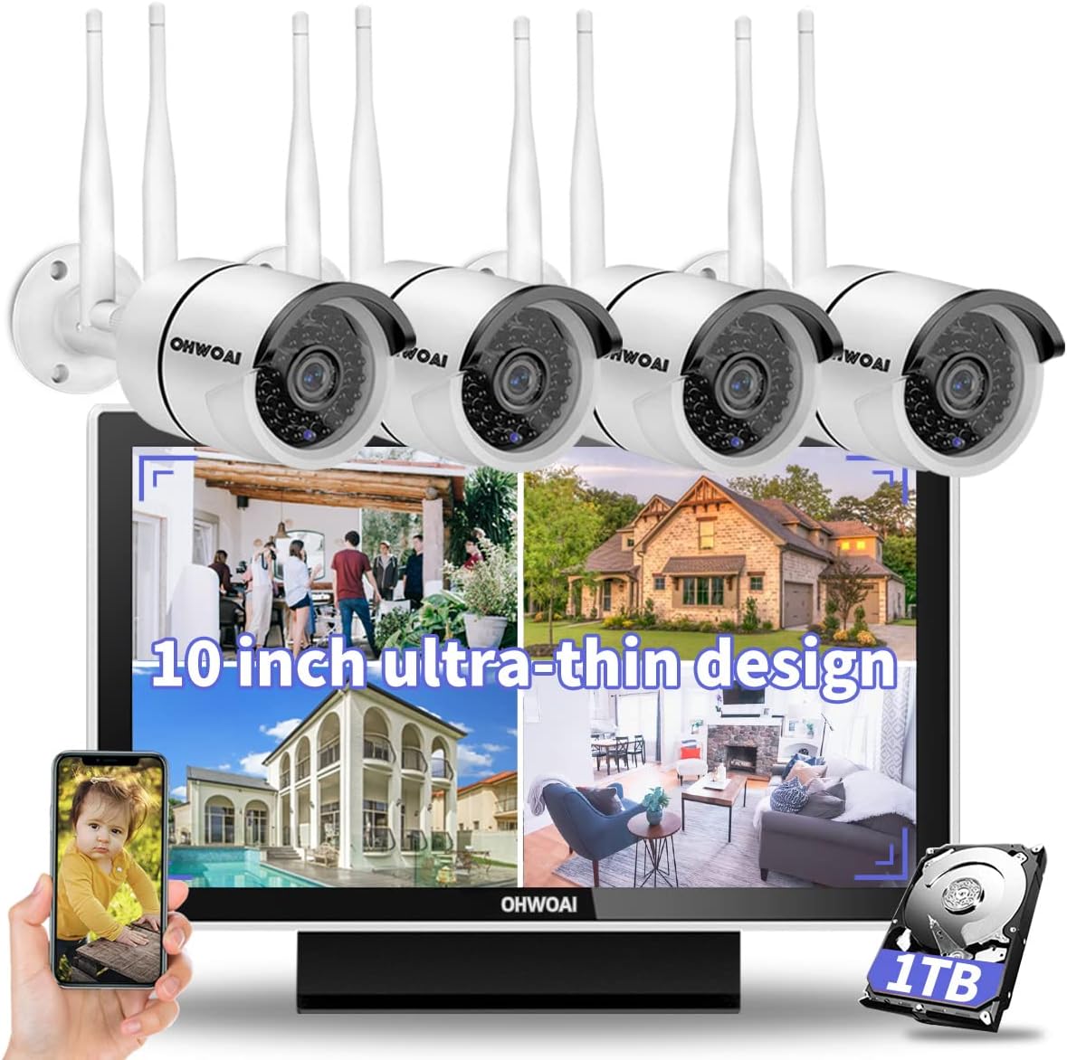 【2K 3.0MP & Dual Antenna Signal Enhancement】 All in One Monitor Wireless Security Camera System with 10 HD Screen,4Pcs CCTV WiFi IP Cameras