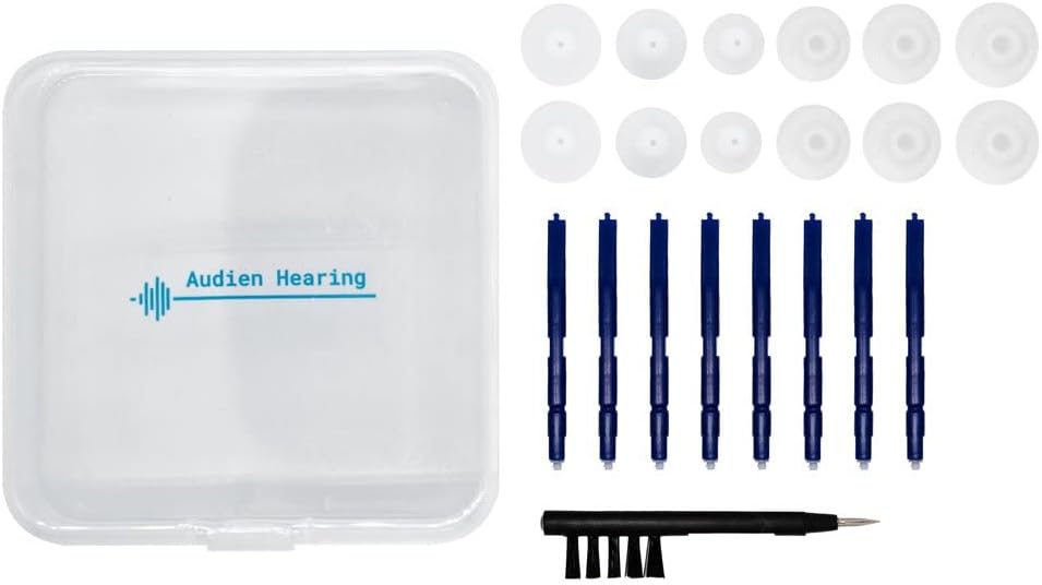 Audien Hearing Amplifier EV3 Accessories Kit, Silicone Dome Earbuds, Cleaning Brush and Screwdriver, Wax Guards, Carrying Case