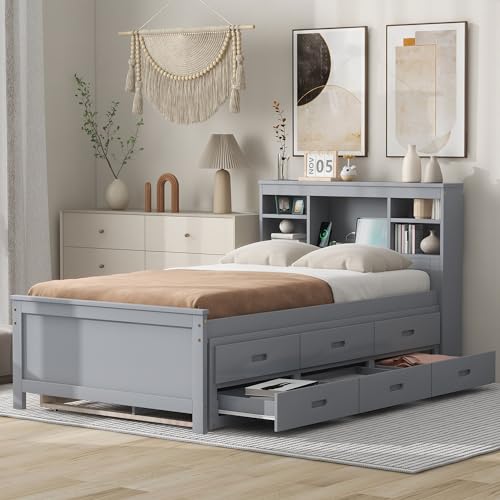 Full Size Bookcase Bed with Charging Station, Wood Captain Bed with Trundle and Storage Drawers