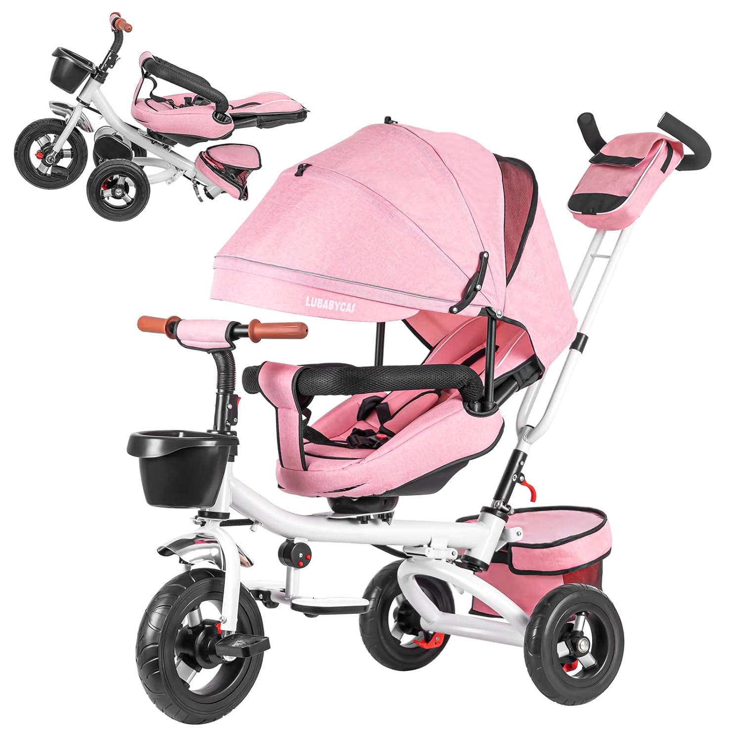 Baby Tricycle, 4-in-1 Folding Smart Baby Kids Bike Trikes Stroller with Handle, 360°Swivel Seat, 3-Gear Adjustable Carport and Seat Backrest