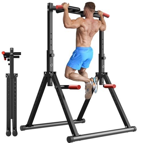 Power Tower Pull Up Dip Station Foldable, Pull Up Bar Station Adjustable, Multi-Function Home Gym, Strength Training Fitness Equipment