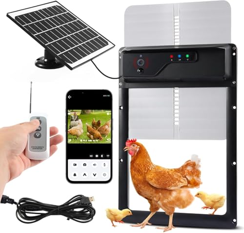 Automatic Chicken Coop Door Solar Powered USB Charging, Battery Operated, HD1080P Camera, Auto Pet Door Opener with Timer, Remote & APP Control