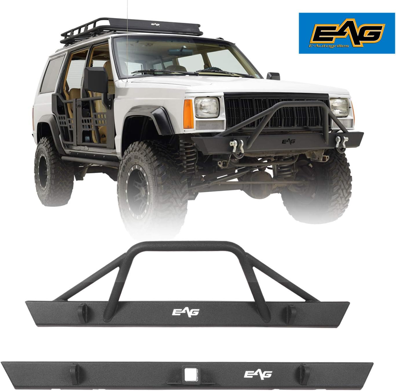 EAG Black Steel Front Bumper and Rear Bumper Combo 2PCS Fit for 1984-2001 Cherokee XJ