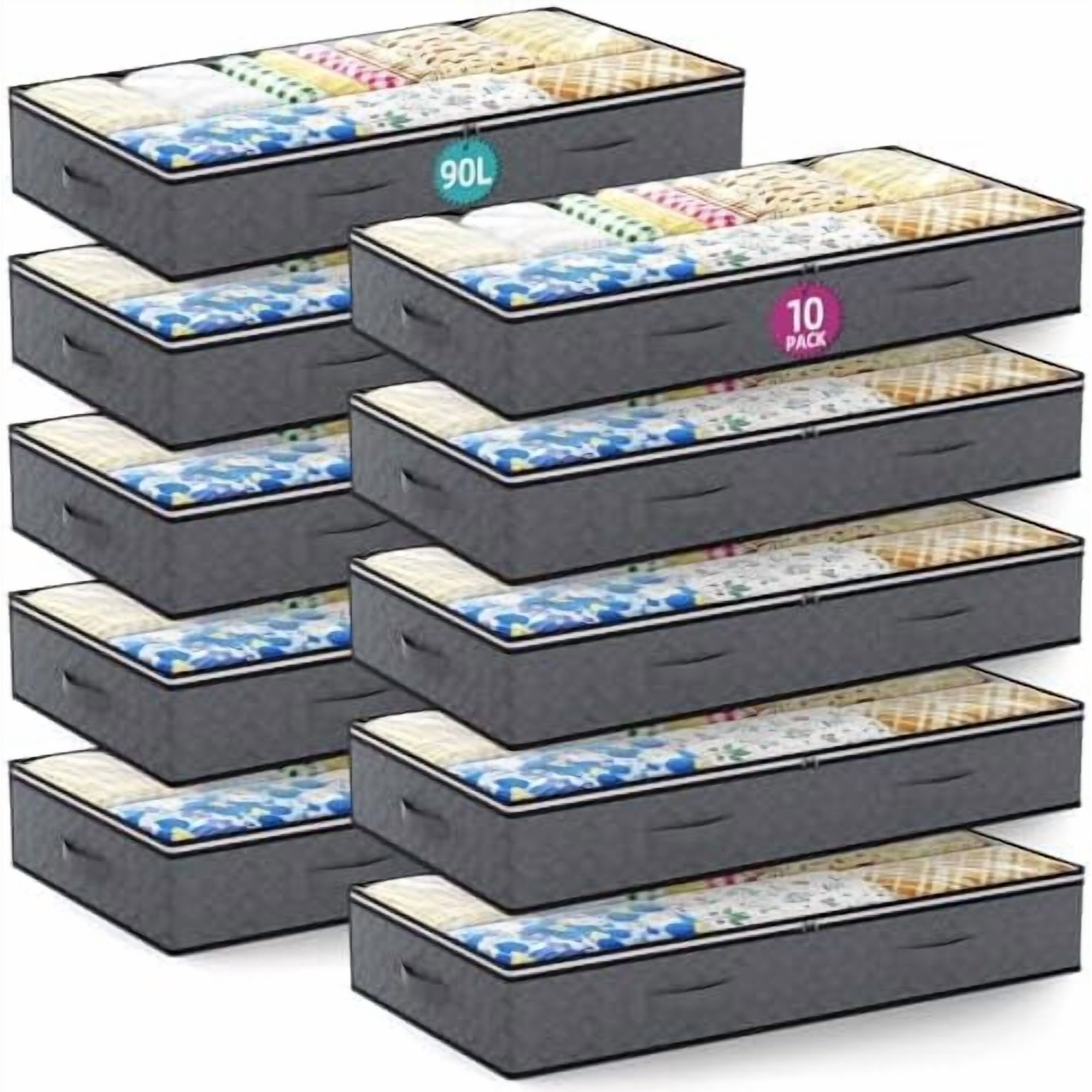 10 Pack Under Bed Storage Containers 90L Underbed Closet Organizer System Collapsible Storage Bins with Clear Window and Reinforced Handles for