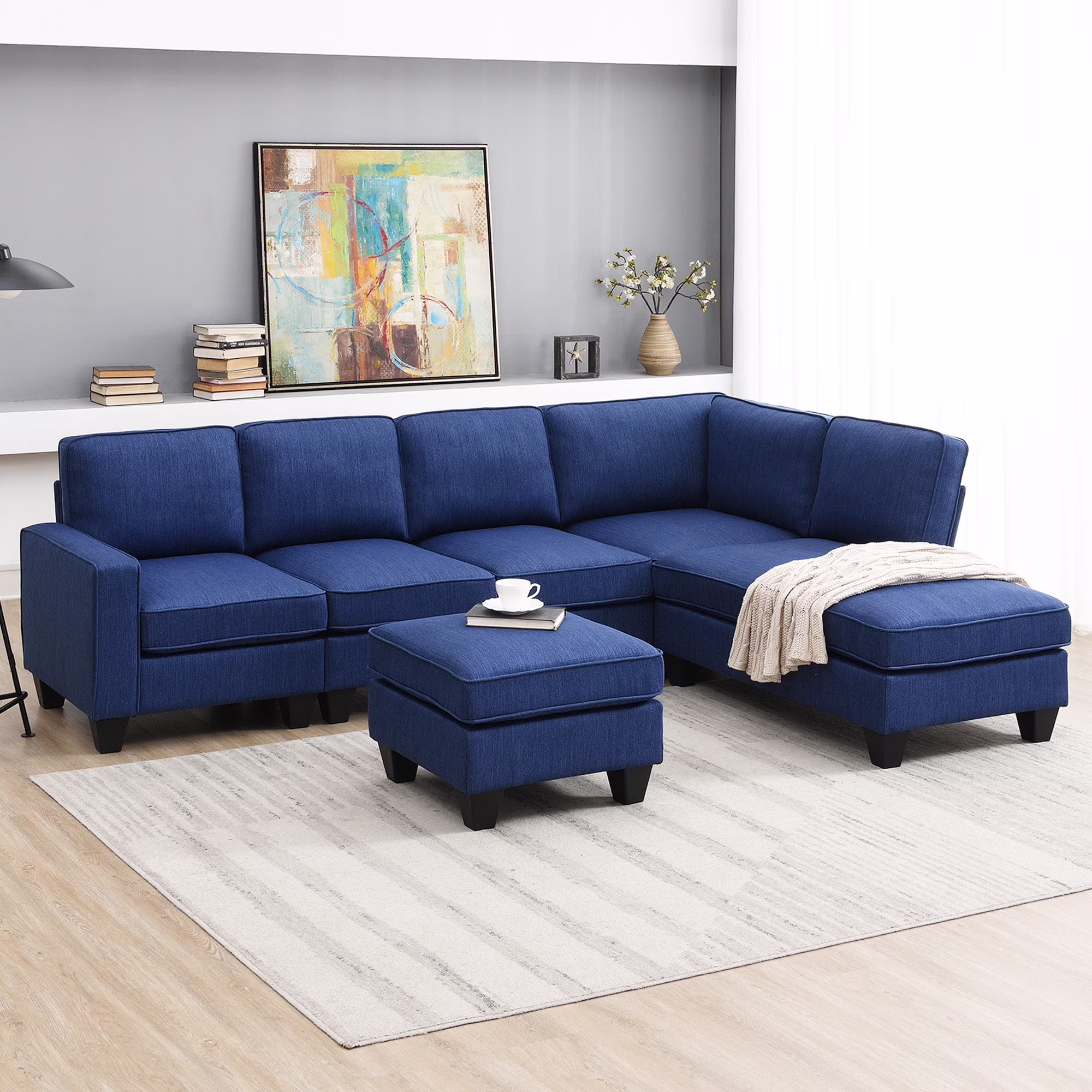 Vortex 7-seat Linen Fabric L-shaped Sectional Sofa - Blue