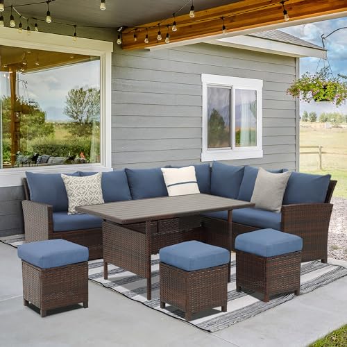 Wisteria Lane Outdoor Patio Furniture Set, 7 Piece Outdoor Dining Sectional Sofa with Dining Table and Chair
