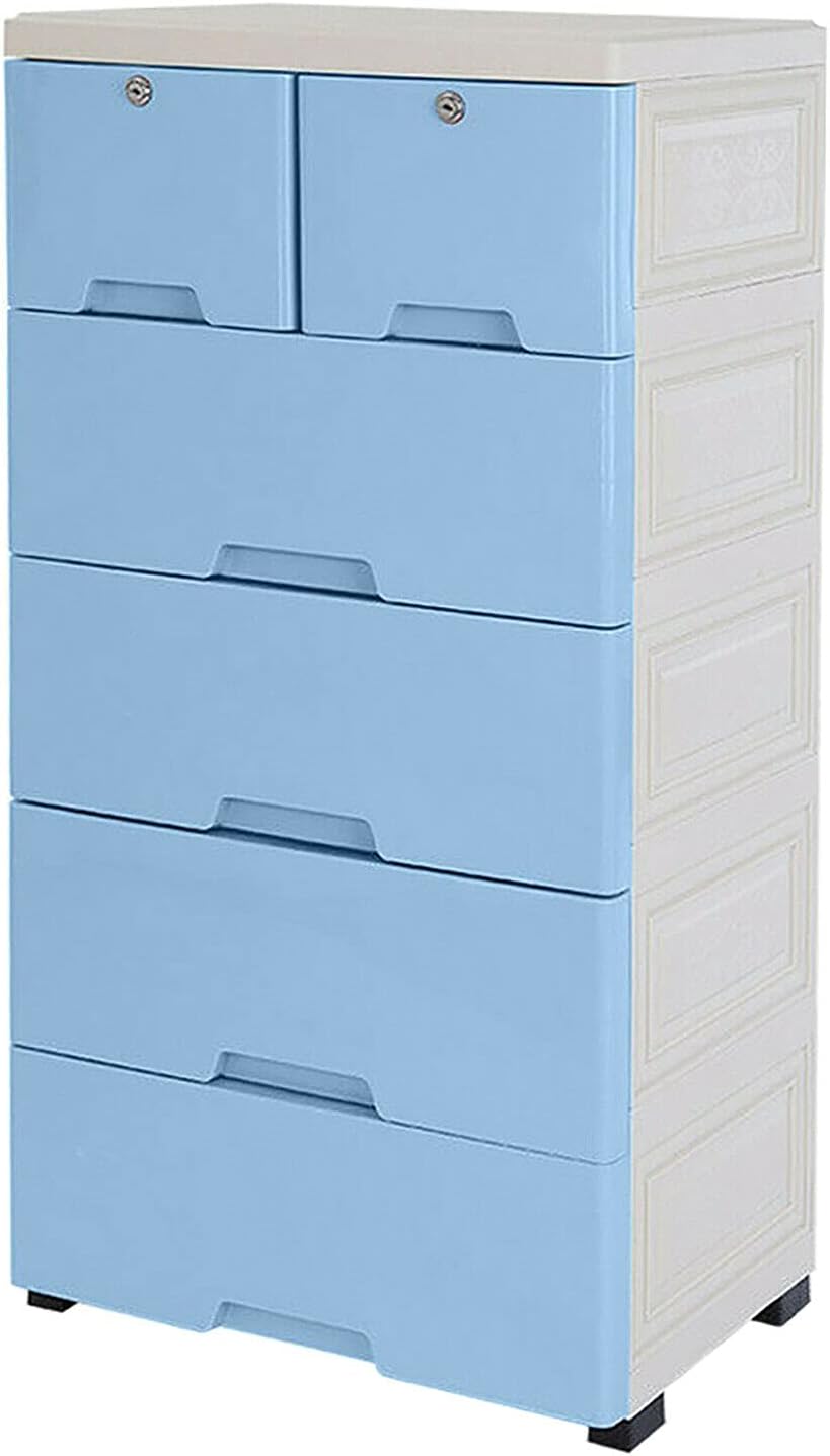 6 Drawer Dresser Vertical Cupboard Cabinet Plastic Dresser Storage with 4 Wheel and 4 Large Drawers and Top 2 Small Cabinets Locker(with Keys) for