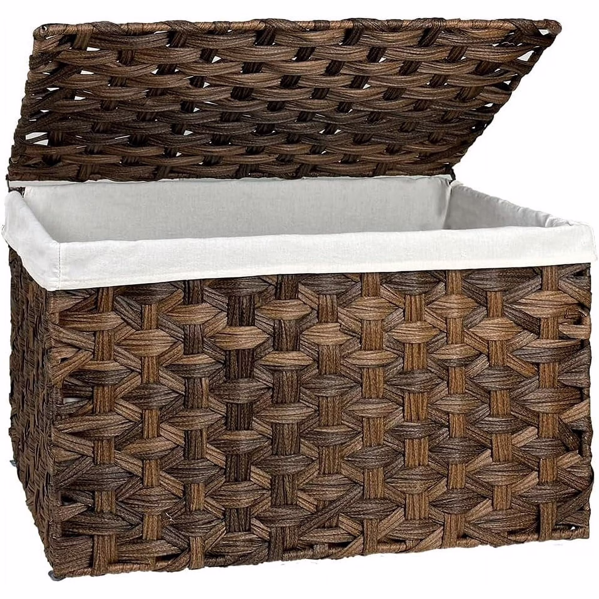 Wicker Storage Basket with Lid, 17.2 Gallon (65L) Small Blanket Basket with Lid, Woven Storage Bin with Handles, Removable Liner, Metal Frame