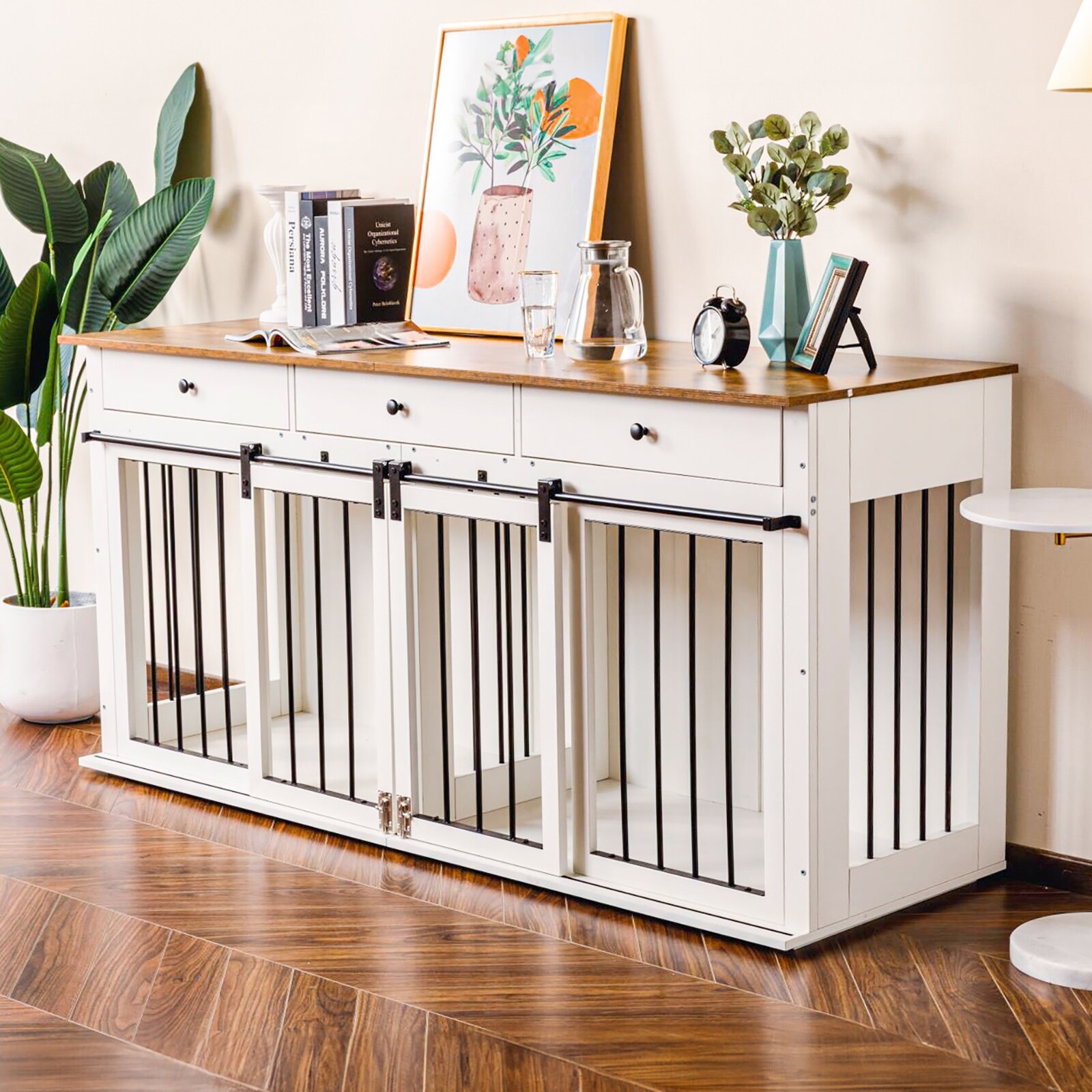 72" Dog Crate Wooden Dog Kennel Furniture with 3 Drawers XXL Heavy Duty Dog Crate