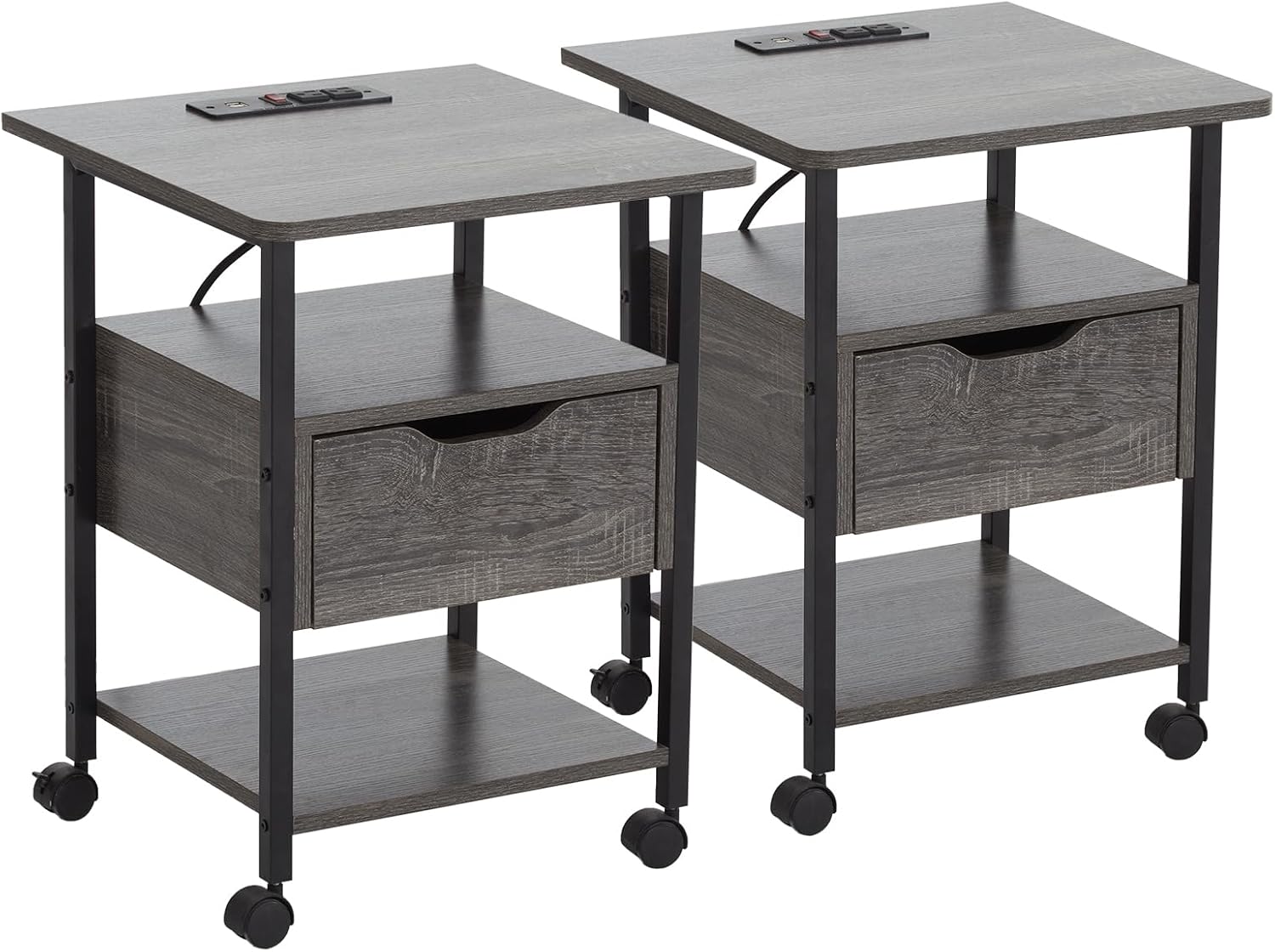 Nightstand Set of 2 with Charging Station, Wheels, USB Ports, Outlets