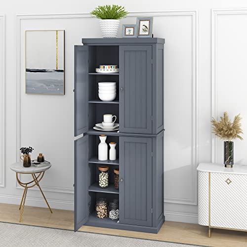Freestanding Tall Kitchen Pantry Sideboard, 72.4” Minimalist Kitchen Storage Cabinet Organizer with 4 Doors and Adjustable Shelves for Dining Room