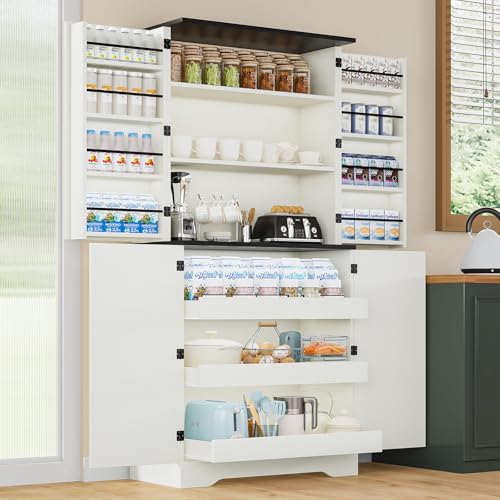 72" Kitchen Pantry Storage Cabinet, Farmhouse Pantry Cabinet with 8 Hanging Rack Shelves & 3 Pull-Out Racks, Pantry Storage Cabinet